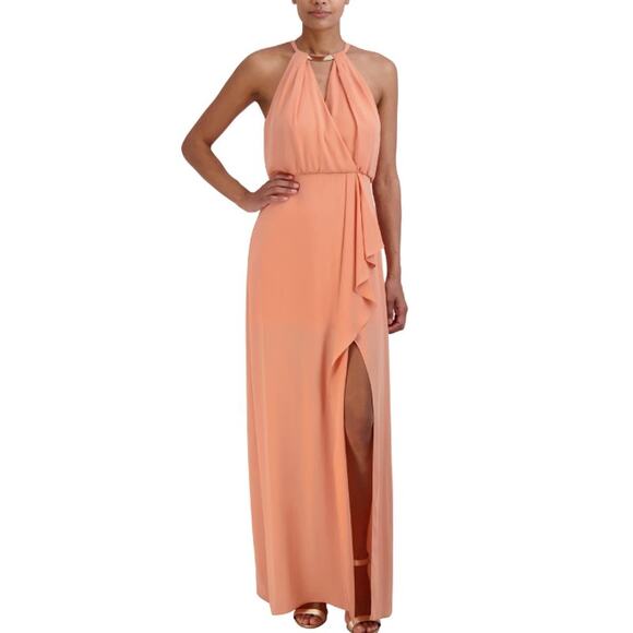 BCBGMAXAZRIA Halter Cascade Ruffle Formal Dress Size 0 Orange Sunset NWT FLAW - Picture 1 of 14